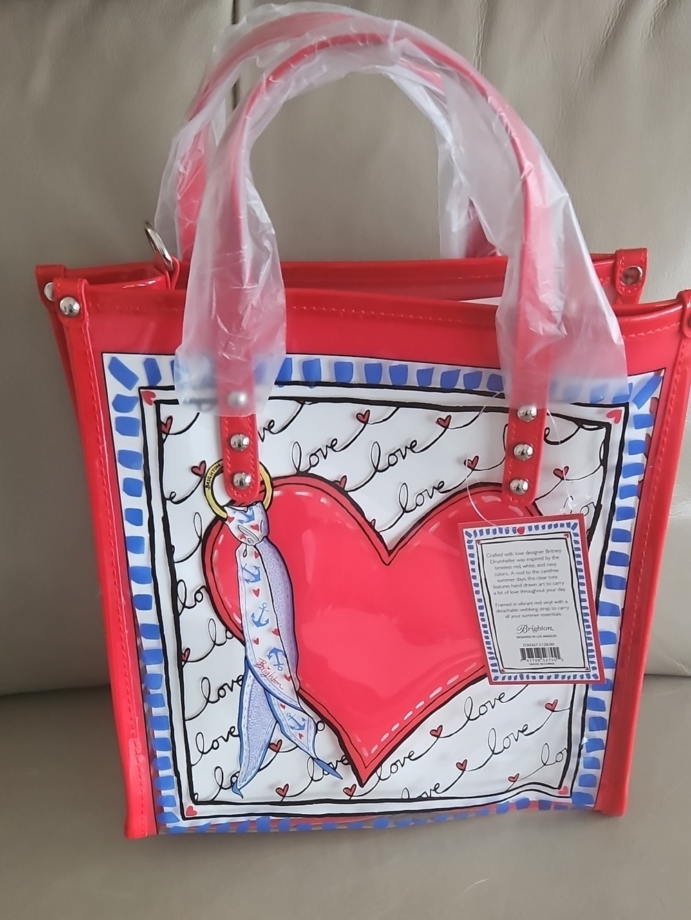 NWT Brighton Red Patent Heart-Print Tote with Blue Trim and Scarf